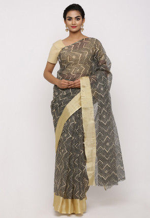 Printed Cotton Saree in Black and Beige