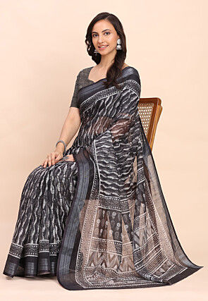 Printed Cotton Saree in Black