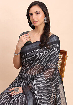 Printed Cotton Saree in Black