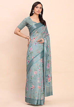 Printed Cotton Saree in Blue