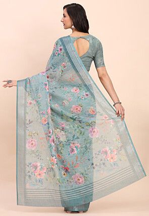 Printed Cotton Saree in Blue