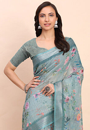 Printed Cotton Saree in Blue
