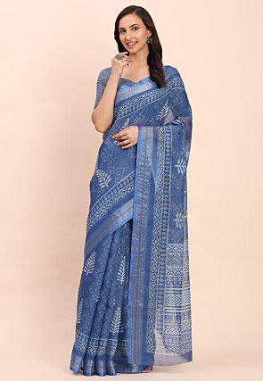 Printed Cotton Saree in Blue