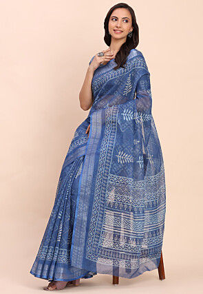 Printed Cotton Saree in Blue