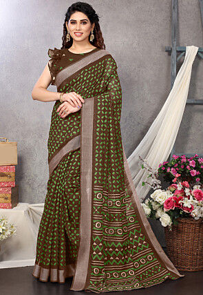Printed Cotton Saree in Brown