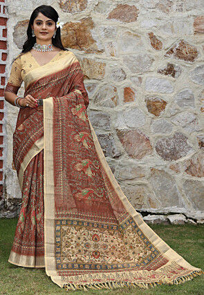 Printed Cotton Saree in Brown