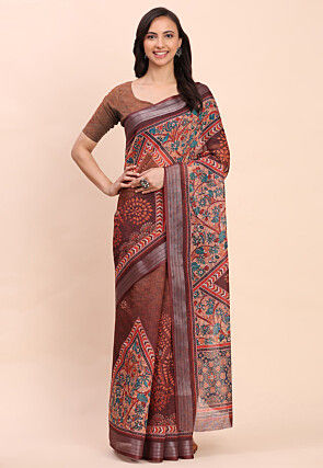 Printed Cotton Saree in Brown