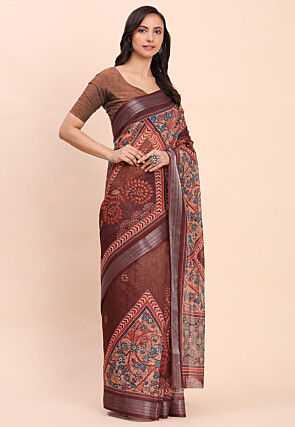 Printed Cotton Saree in Brown