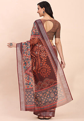 Printed Cotton Saree in Brown