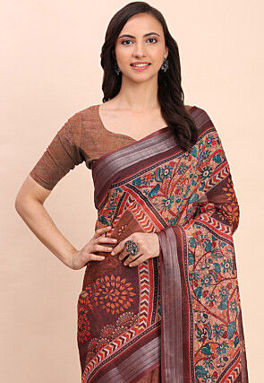Printed Cotton Saree in Brown