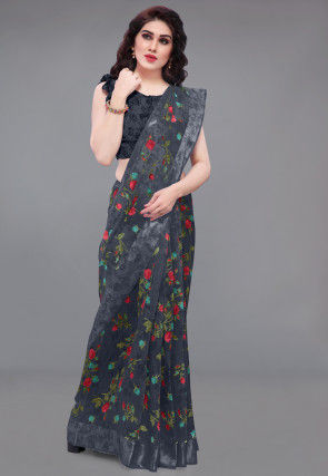 Printed Cotton Saree in Charcoal Black