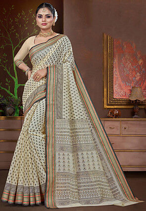 Printed Cotton Saree in Cream