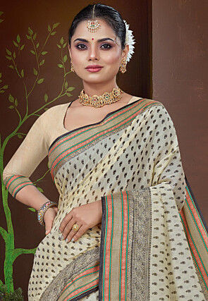 Printed Cotton Saree in Cream