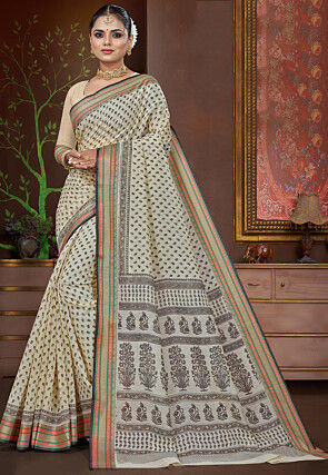 Printed Cotton Saree in Cream