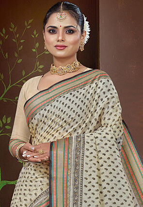 Printed Cotton Saree in Cream