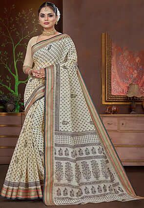 Printed Cotton Saree in Cream