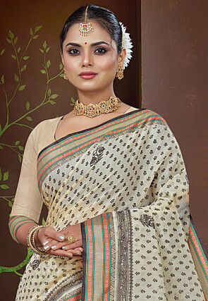 Printed Cotton Saree in Cream