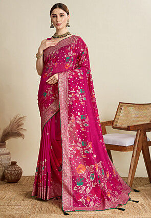 Printed Cotton Saree in Fuchsia