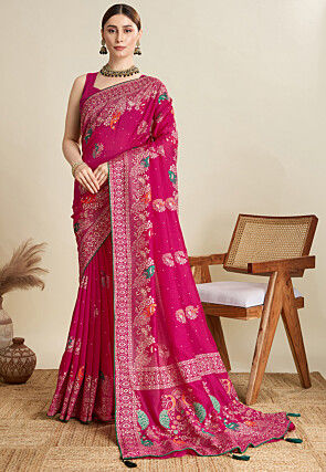 Printed Cotton Saree in Fuchsia
