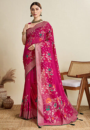 Printed Cotton Saree in Fuchsia
