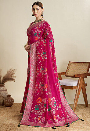 Printed Cotton Saree in Fuchsia