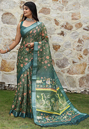 Printed Cotton Saree in Green