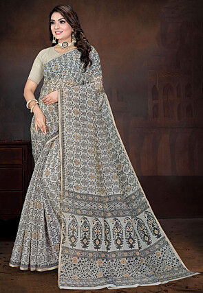Printed Cotton Saree in Grey