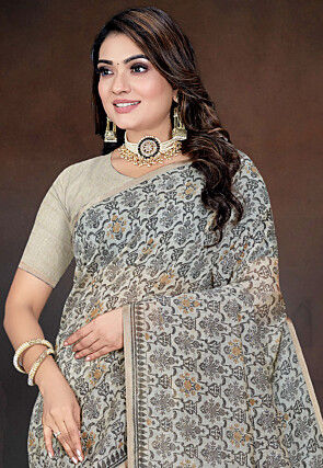 Printed Cotton Saree in Grey