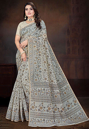 Printed Cotton Saree in Grey
