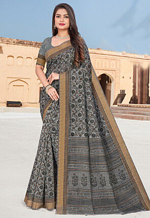 Printed Cotton Saree in Grey