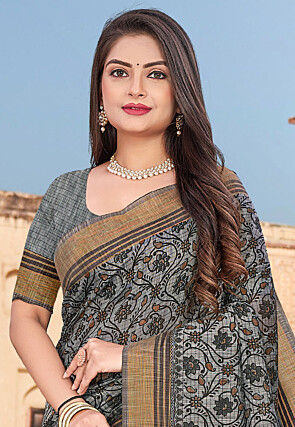 Printed Cotton Saree in Grey
