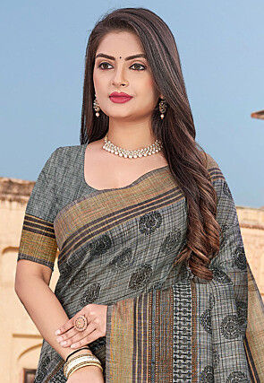 Printed Cotton Saree in Grey