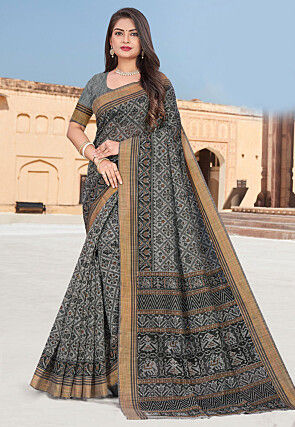 Printed Cotton Saree in Grey