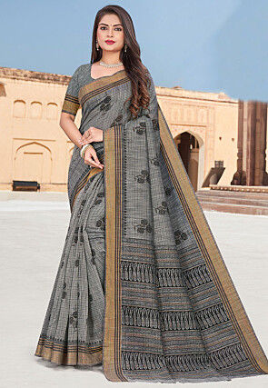 Printed Cotton Saree in Grey