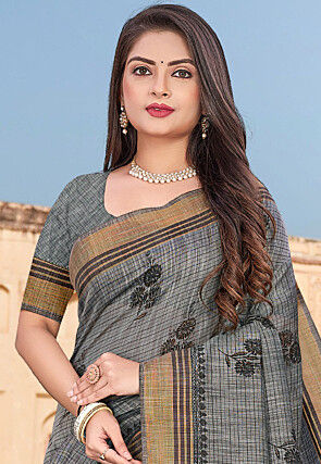Printed Cotton Saree in Grey