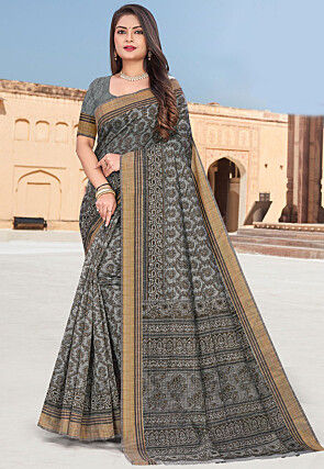 Printed Cotton Saree in Grey