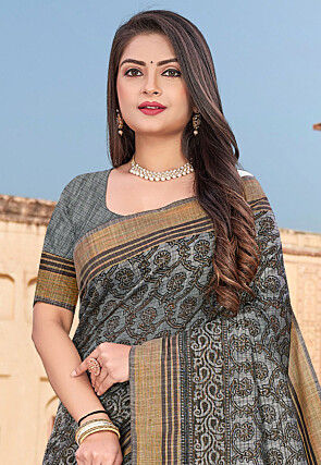 Printed Cotton Saree in Grey