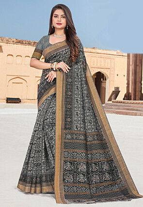 Printed Cotton Saree in Grey