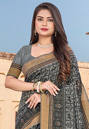 Printed Cotton Saree in Grey