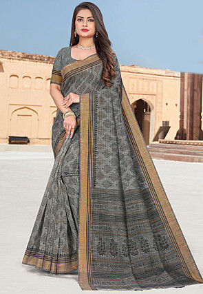 Printed Cotton Saree in Grey