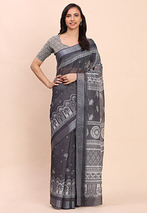 Printed Cotton Saree in Grey