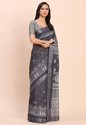 Printed Cotton Saree in Grey