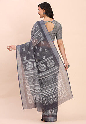 Printed Cotton Saree in Grey