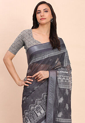 Printed Cotton Saree in Grey