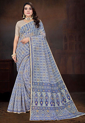 Printed Cotton Saree in Light Blue