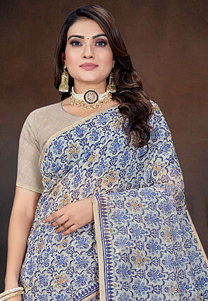 Printed Cotton Saree in Light Blue