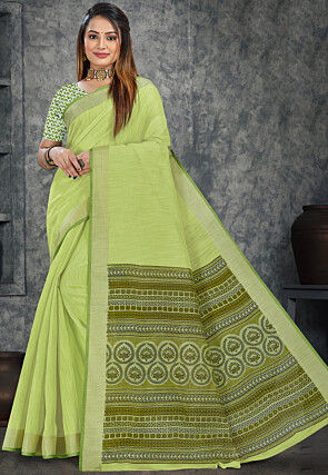 Printed Cotton Saree in Light Green