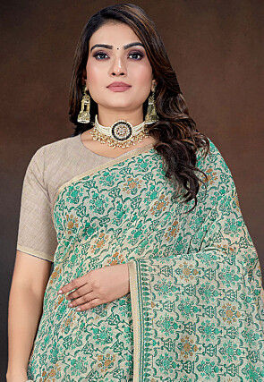 Printed Cotton Saree in Light Green
