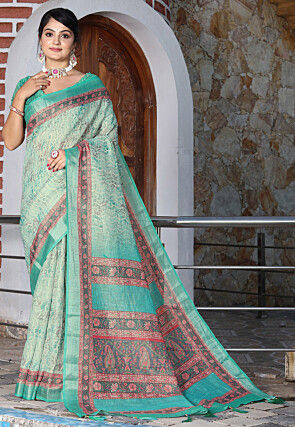 Printed Cotton Saree in Light Green