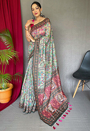 Printed Cotton Saree in Light Green